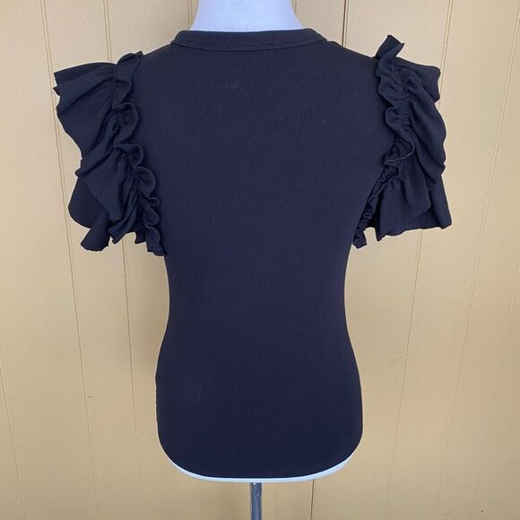 Express women M Crewneck ribbed short sleeve with ruffle top black - Picture 5 of 8